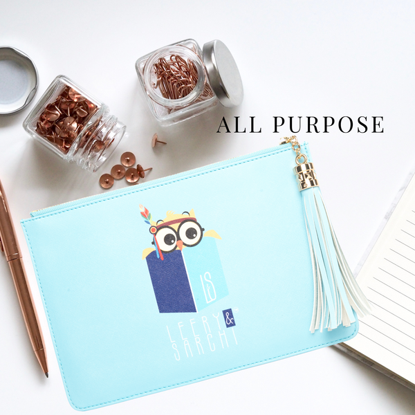 The perfect blue clutch, pouch, pencil case with personality to keep your belongings. Dress up or down. Adventure Awaits