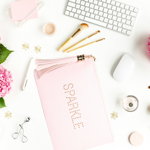 The perfect pink "Sparkle" clutch, pouch, pencil case with personality to keep your belongings. Dress up or down. Great for parties or gifts.