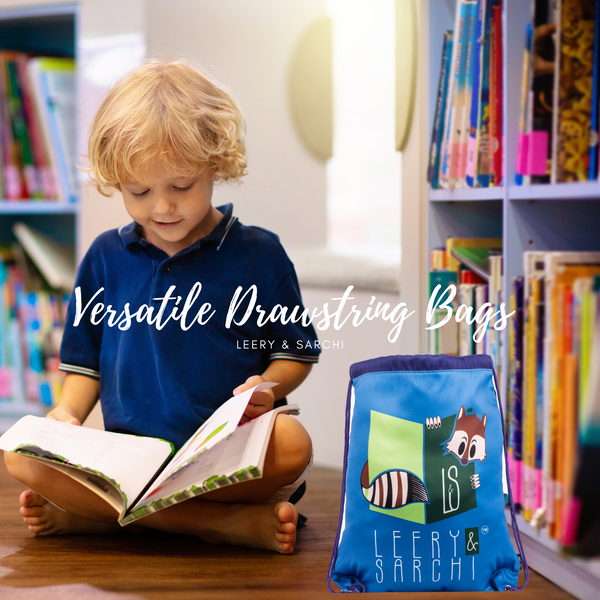 Art series blue green drawstring bag with cute fox design for carrying your wet swimwear, beach towel, library books, sporting needs and a variety of your other favourite items. Use at school or home on the weekend!