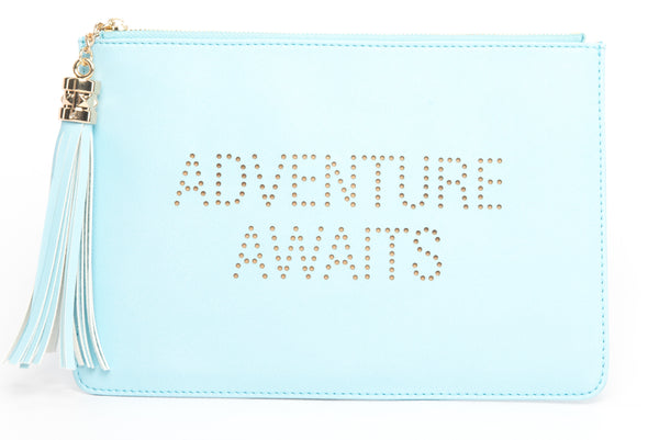 The perfect clutch, pouch, pencil case with personality to keep your belongings. Dress up or down. Great for parties or gifts. Adventure Awaits