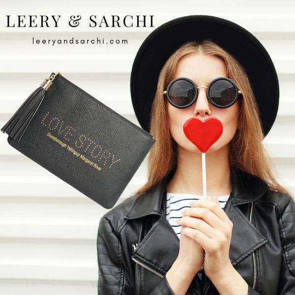 Dunsborough, Yallingup, Margaret River Region gorgeous women's black "Love Story" clutch, pouch to complete your look. Clutches with messages, evening & day styles, perfect gifts.