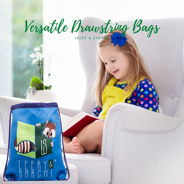 Art series blue green drawstring bag with cute fox design for carrying your wet swimwear, beach towel, library books, sporting needs and a variety of your other favourite items. Use at school or home on the weekend!