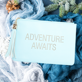 The perfect blue clutch, pouch, pencil case with personality to keep your belongings. Dress up or down. Great for parties or gifts. Adventure Awaits