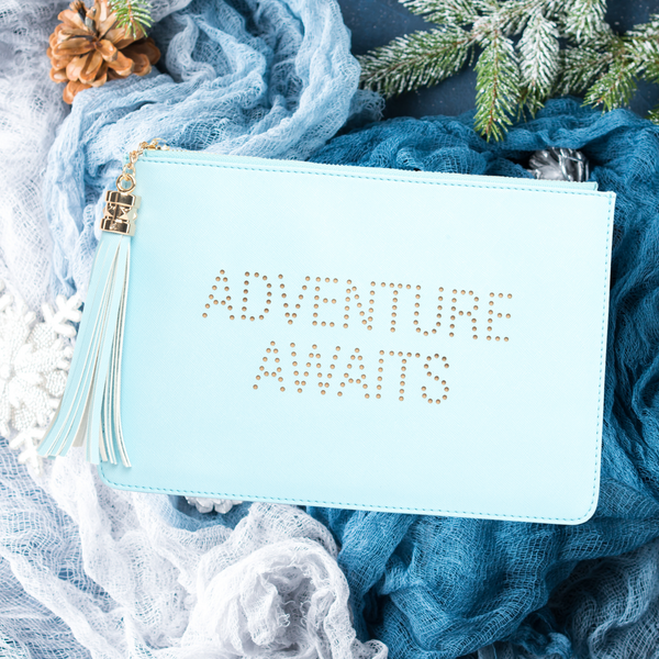 The perfect blue clutch, pouch, pencil case with personality to keep your belongings. Dress up or down. Great for parties or gifts. Adventure Awaits
