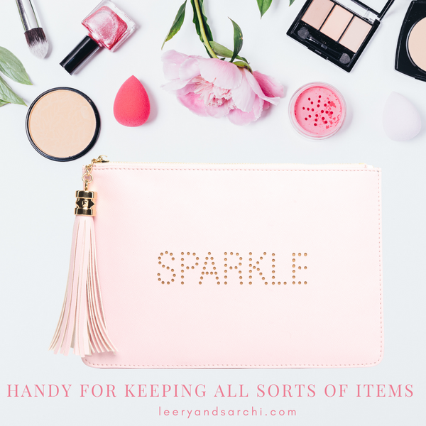The perfect pink "Sparkle" clutch, pouch, pencil case with personality to keep your belongings. Dress up or down. Great for parties or gifts.