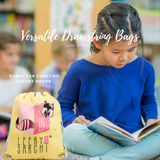 Art series designer yellow orange drawstring bag with cute fox design for carrying your wet swimwear, beach towel, library books, sporting needs and a variety of your other favourite items. Use at school or home on the weekend!