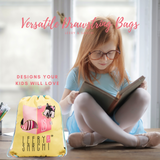 Art series designer yellow orange drawstring bag with cute fox design for carrying your wet swimwear, beach towel, library books, sporting needs and a variety of your other favourite items. Use at school or home on the weekend!