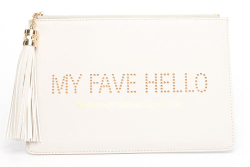 Dunsborough, Yallingup, Margaret River Region gorgeous women's "My Fave Hello" clutch, pouch to complete your look. Clutches with messages, evening & day styles, perfect gifts.
