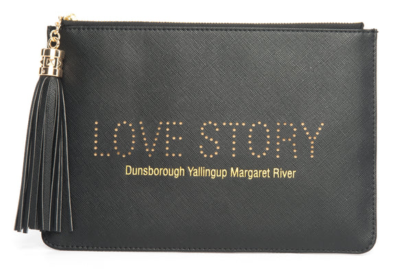 Dunsborough, Yallingup, Margaret River Region gorgeous women's black "Love Story" clutch, pouch to complete your look. Clutches with messages, evening & day styles, perfect gifts.