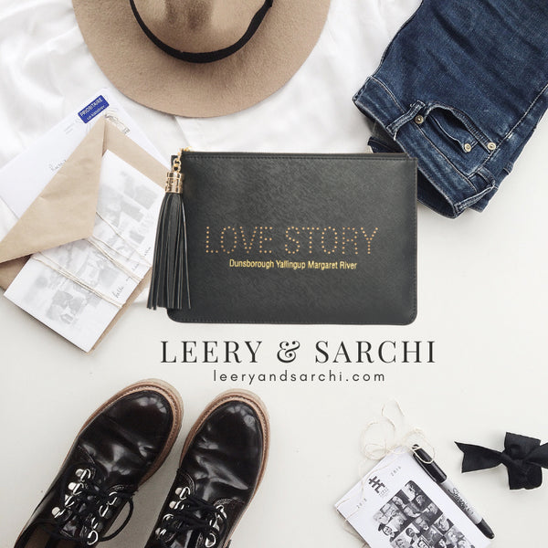 Dunsborough, Yallingup, Margaret River Region gorgeous women's black "Love Story" clutch, pouch to complete your look. Clutches with messages, evening & day styles, perfect gifts.