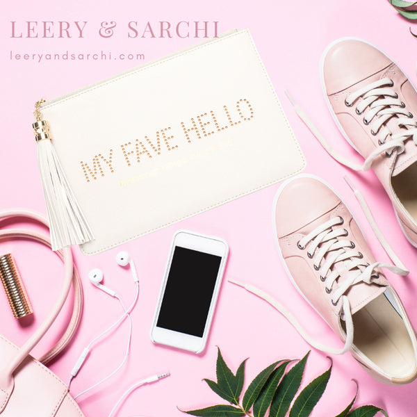 Dunsborough, Yallingup, Margaret River Region gorgeous women's "My Fave Hello" clutch, pouch to complete your look. Clutches with messages, evening & day styles, perfect gifts.